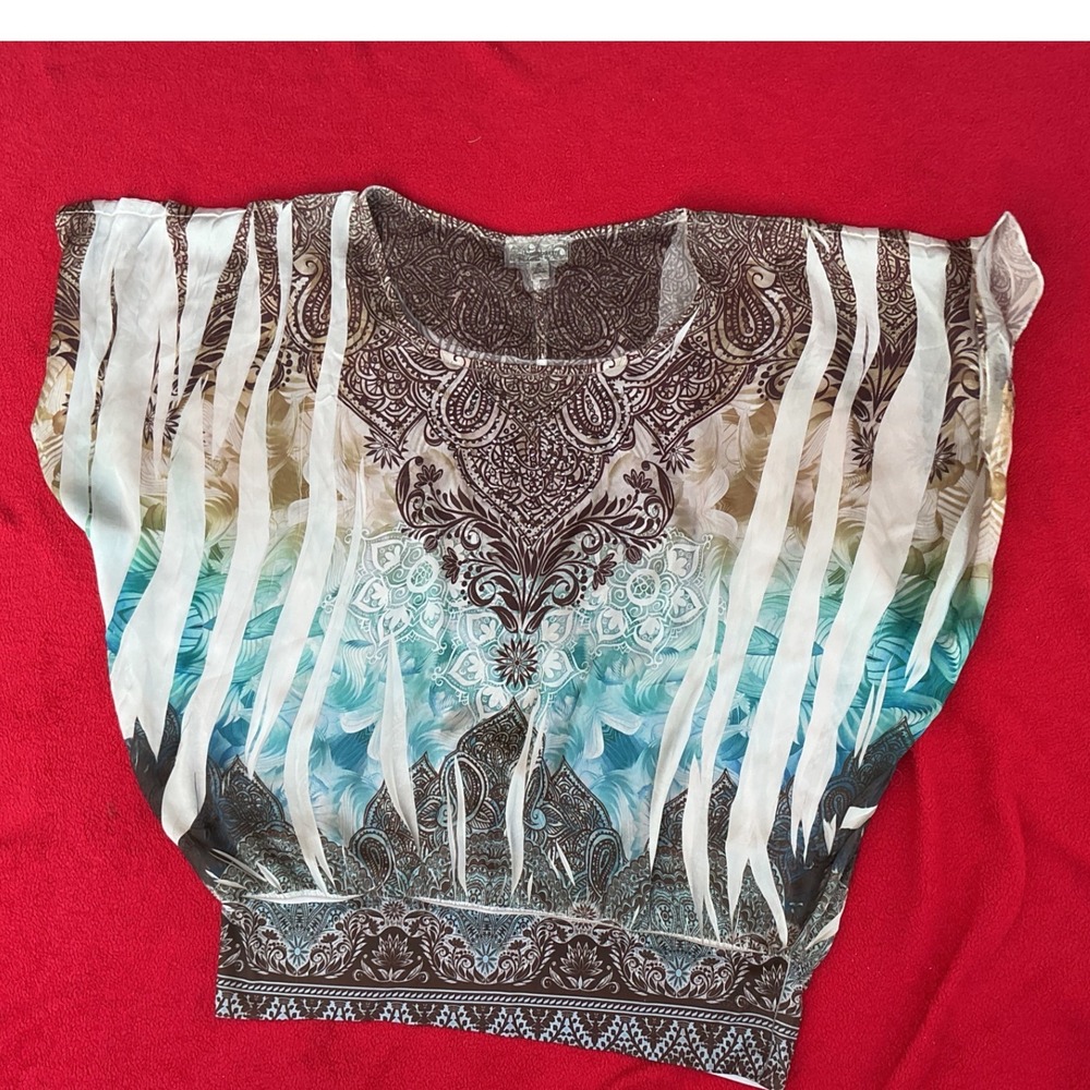 Dressbarn Blouse Womens XL Brown‎  Paisley Rhinestone Dolman Excellent Condition